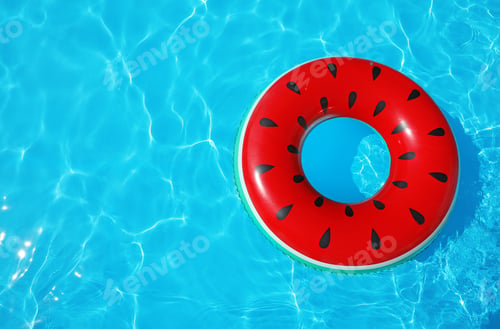 Preview: Inflatable ring floating in swimming pool on sunny day, top view with space for text