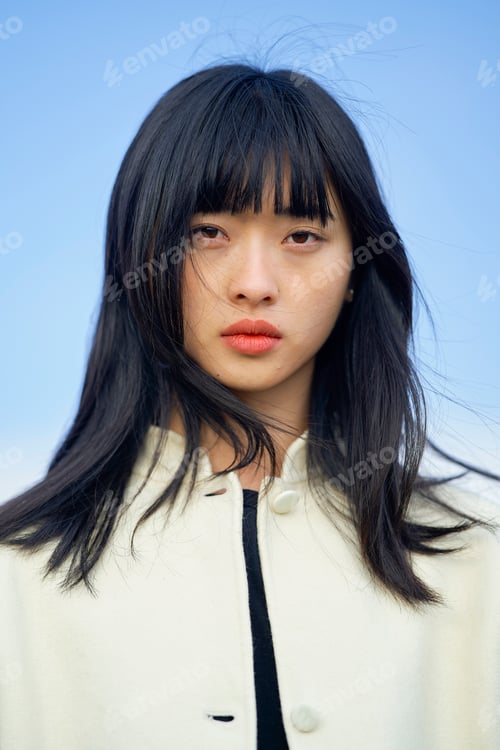 Preview: Woman with long black hair wearing a white coat against a clear blue sky. Brandenburg, Germany