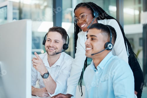 Preview: Customer service, call center or telemarketing team and manager or mentor looking happy reading onl