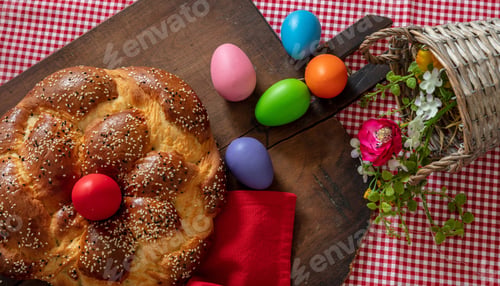 Preview: Easter greek tsoureki braid, sweet bread brioche overhead