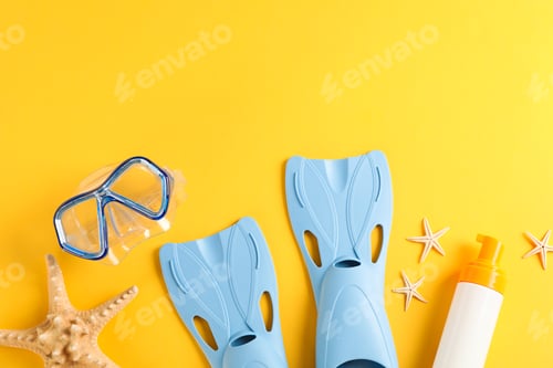 Preview: Sea vacation accessories on yellow background, top view