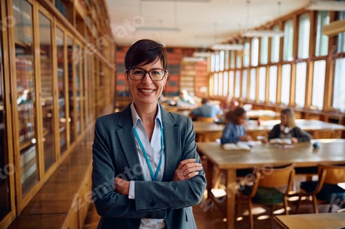 Preview: Happy high school teacher standing with her arms crossed and looking at camera.