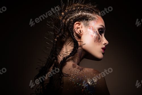 Preview: Fashion model with bright makeup and colorful glitter