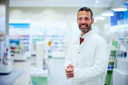 Preview: Friendly Pharmacist in a Modern Pharmacy Setting with Shelves of Products