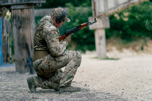Preview: military tactical strategy rifle position for training on professional shooting range trainer in