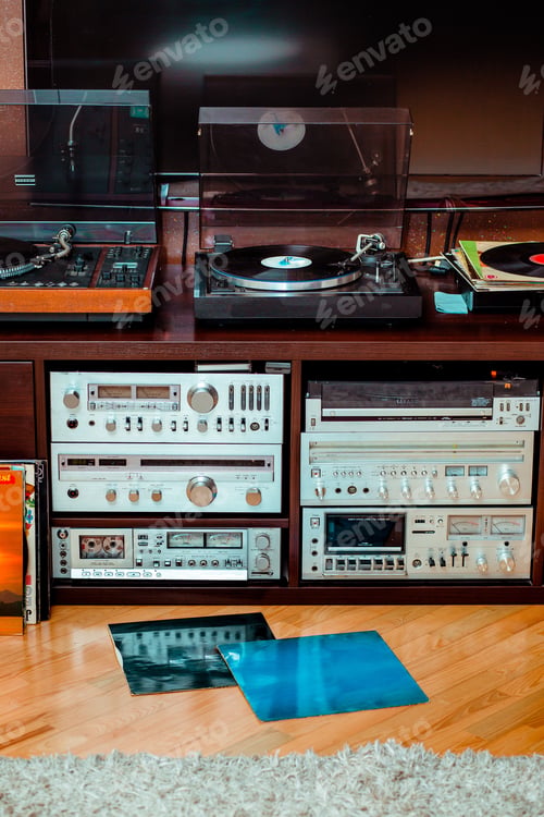 Preview: Set of audio equipment, record players, amplifiers, radio. Vinyl records. Turntable record player