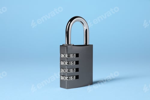 Preview: Steel combination padlock on light blue background