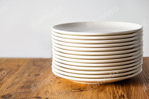 Preview: many Clean white plates dishes kitchenwear on table