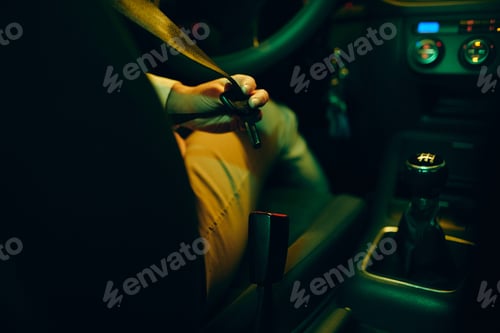 Preview: Close-up of woman fastening her seatbelt in a car at night.