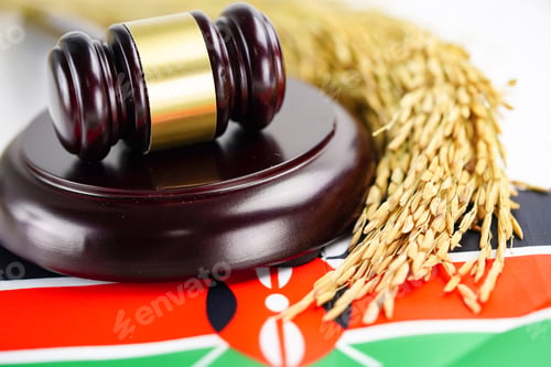 Preview: Kenya flag and Judge hammer with gold grain from agriculture farm.