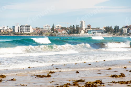 Preview: Beautiful ocean, waves, surfers, city on the beach