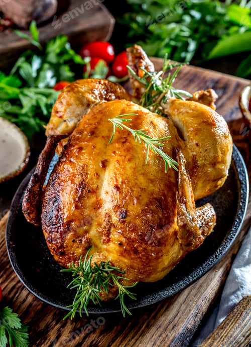 Preview: Roasted Chicken with Rosemary and Sauces on Wooden Board
