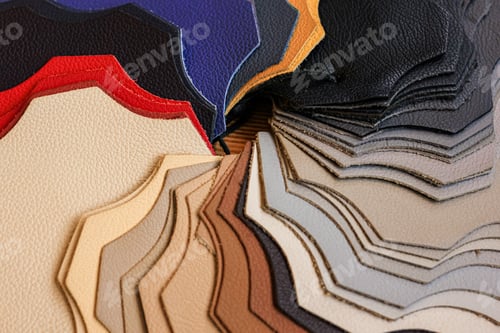 Preview: Samples of natural, textured, multi-colored leather. Top view. Industry fabric background.