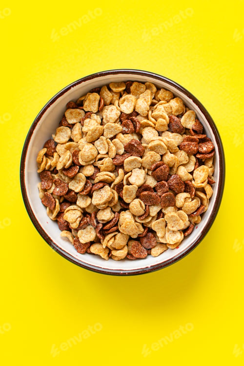 Preview: Oat Or Corn Flakes Quick Breakfast Portion On The Table For Healthy Meal Snack Outdoor Top View