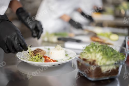 Preview: Cooks finishing main courses in the restaurant kitchen