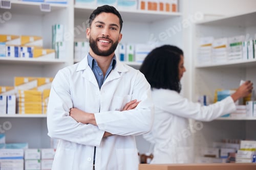 Preview: Medicine, pharmacy and portrait of healthcare man at shelf with pills, stock or medication. Pharmac