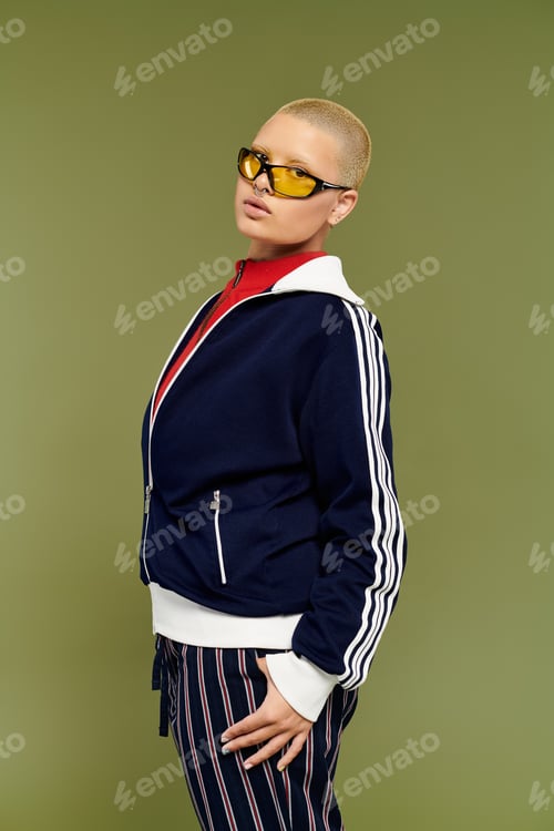 Preview: A young bald woman in vibrant attire poses confidently against a green backdrop