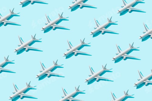 Preview: Trendy sunlight Summer pattern made with airplane camera on bright light blue background.