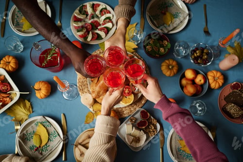 Preview: Friends Clinking Glasses with Fruit Drink Celebrating Thanksgiving