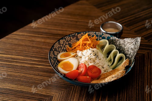 Preview: Delicious bowl of chicken with vegetables and rice sauce in oriental restaurant Healthy Asian food