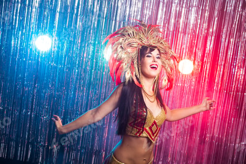 Preview: Carnival, dancer and holiday concept - Portrait of a sexy female in a colorful sumptuous carnival