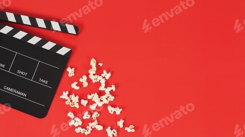 Preview: Black Clapper board or movie slate and popcorn on a red background. New