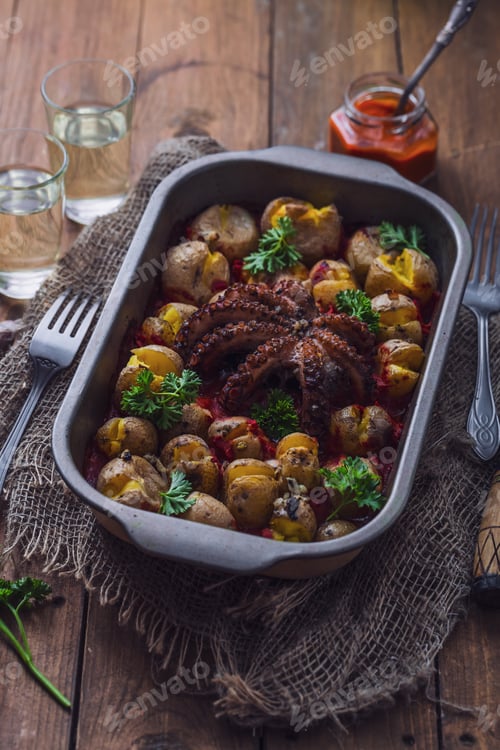 Preview: Octopus tentackes with baked potatoes and sauce in a tray