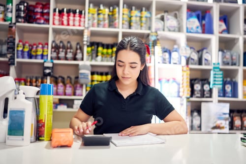 Preview: young latin woman behind counter working, using calculator and writing in small auto parts store