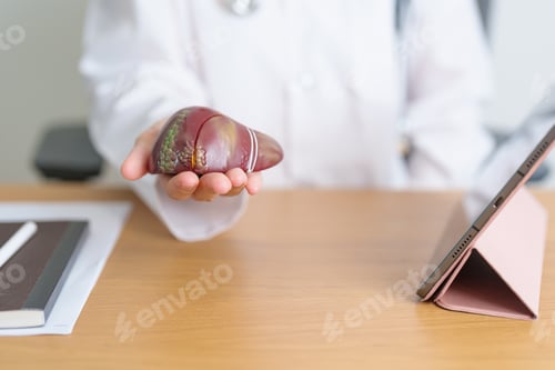 Preview: Doctor with human Liver model and tablet. Liver cancer