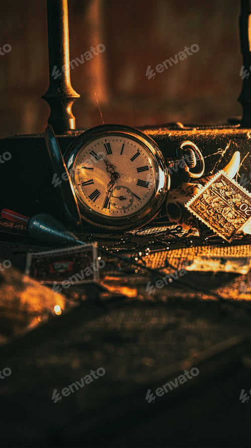 Preview: Vertical shot of an old vintage watch with an orange light