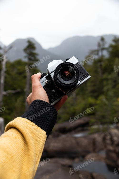 Preview: Vertical shot of a male hand holding a professional photo camera with forest on the background