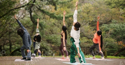 Preview: People, outdoor nature and warrior at yoga class, meditation and support for spiritual wellness. Fo
