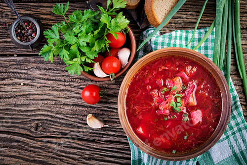 Preview: Traditional Ukrainian Russian borscht or red soup in the bowl. Top view