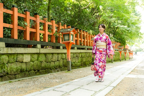 Preview: Young Woman wearing the kimono dress and walking the street