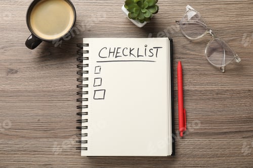 Preview: Checklist, coffee, plant, glasses and pen on wooden table, flat lay