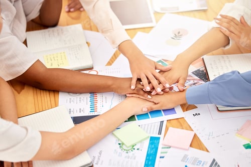 Preview: Teamwork, women collaboration or hands in support, trust or motivation for brand strategy business