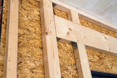Preview: Construction of wood frame walls of a new country house site. Unfinished construction work inside
