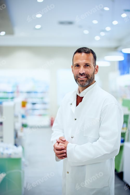 Preview: Friendly Pharmacist in Modern Pharmacy Setting Wearing Professional White Coat