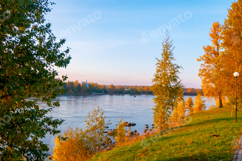 Preview: Autumn landscape sunset in the forest by the lake