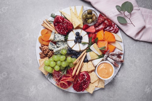 Preview: Assorted appetizers served on light grey table, flat lay