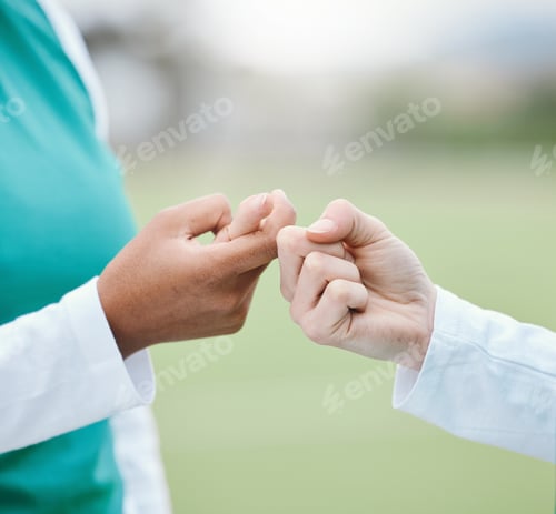 Preview: Hands, deaf and sign language with sports people closeup on a field or court for a game of competit