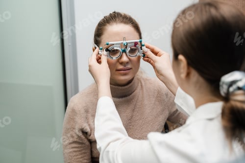 Preview: Ophthalmologist selects lenses for trial frame to correct girl?s short or long sight