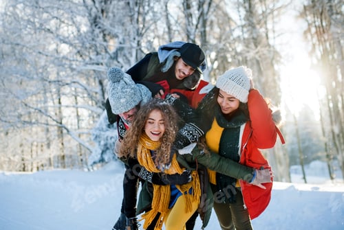 Preview: Group of young friends on a walk outdoors in snow in winter forest, having fun.