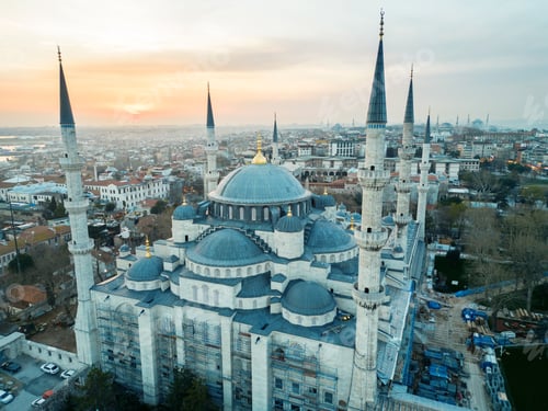 Preview: Aerial drone view of The Blue Mosque in Istanbul at sunset, Turkey