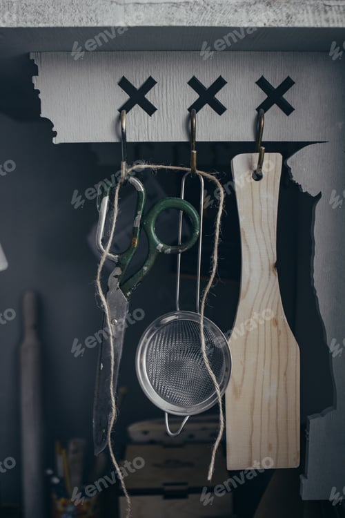 Preview: Kitchen Utensils Hanging on Wooden Rack
