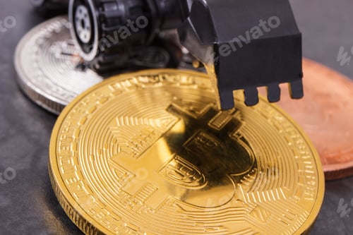 Preview: Bitcoins with miniature excavator, mining cryptocurrency and international network payment concept