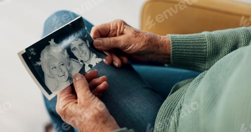 Preview: Photograph, hands and memory of a person on a home sofa for nostalgia, history and to remember. Sen