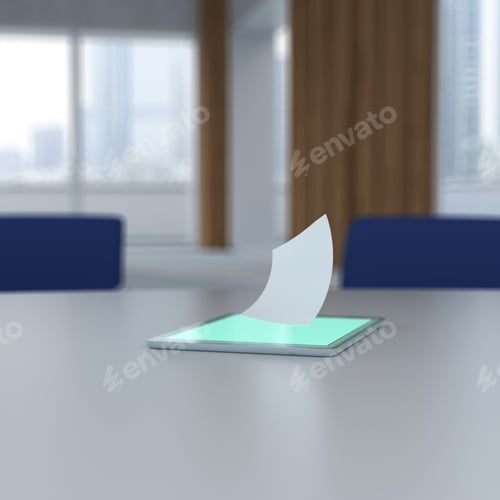 Preview: 3D rendering, Sheet of paper hovering over digital tablet on desk