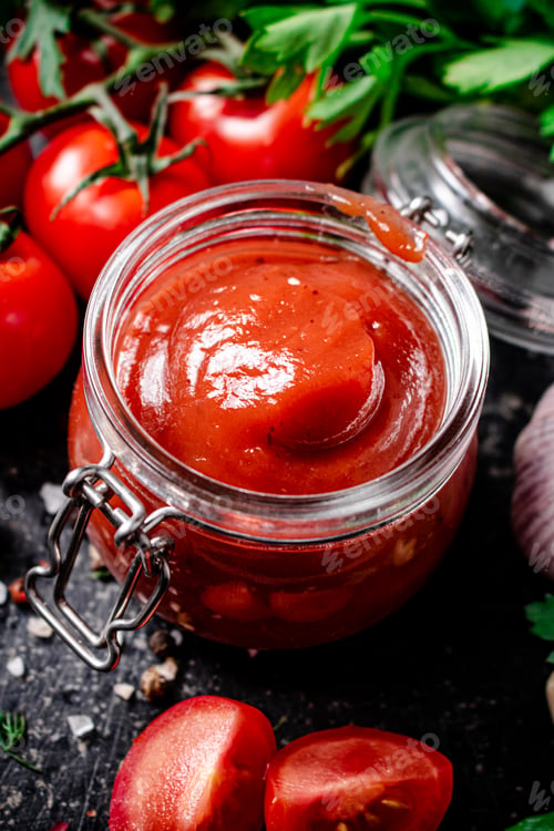 Preview: Tomato sauce in a glass jar with parsley and garlic.