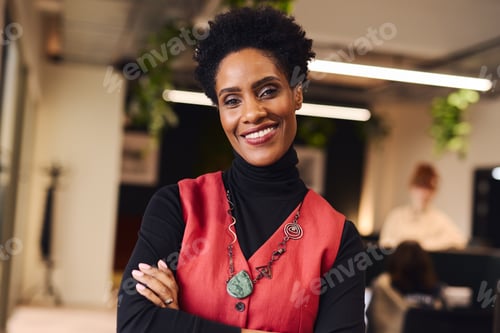 Preview: Portrait of cheerful mature black woman with arms folded looking at camera